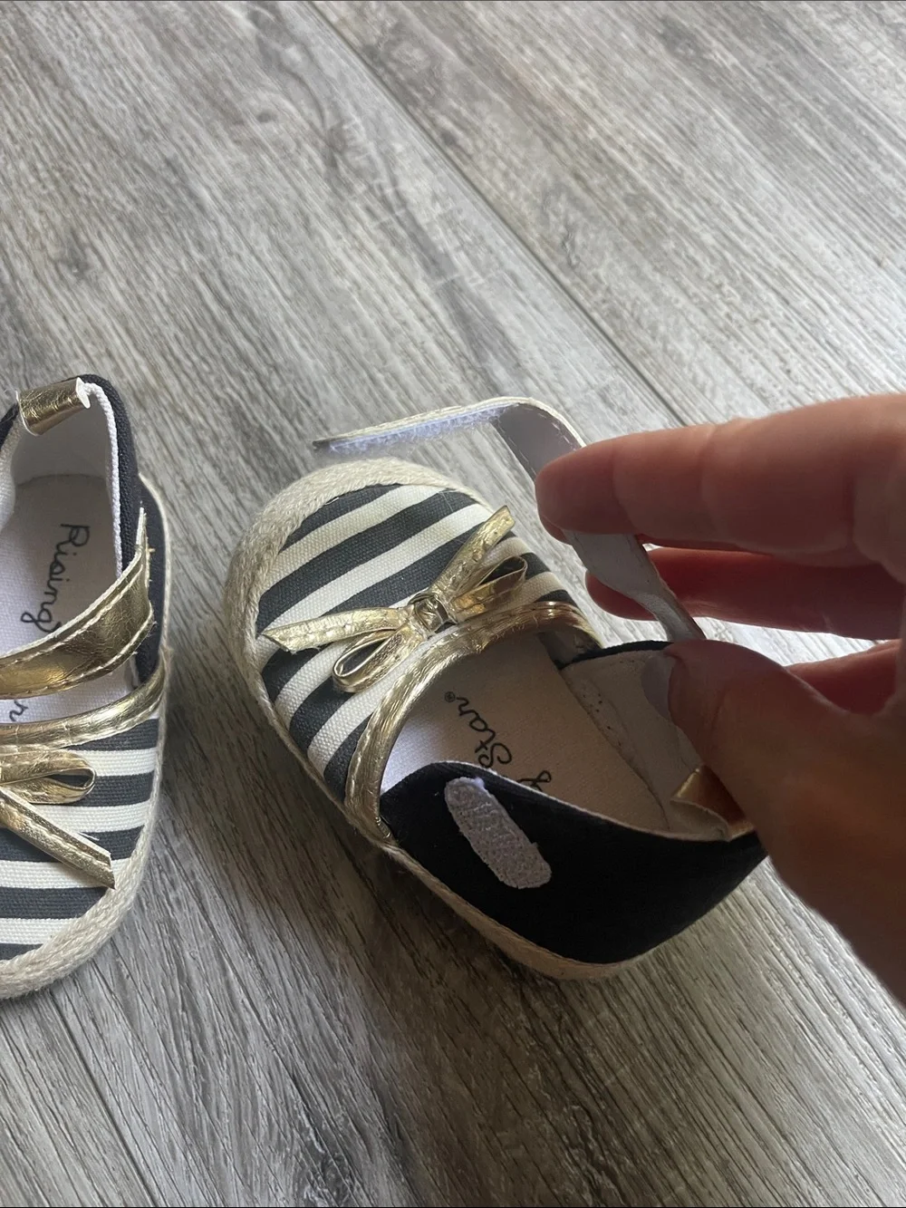 Gold-Accent Black & White Striped baby shoe 3-6 months